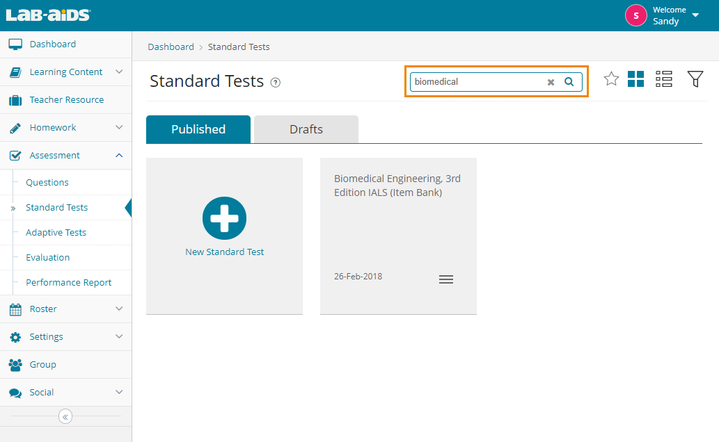 View all tests or search for a specific test by typing in the "search" field in the top right. 