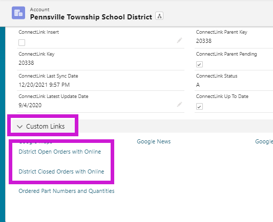 Scroll to the bottom of the district's page to the "custom links" section. Click on the "District Open Orders with Online" and "District Closed Orders with Online" reports.