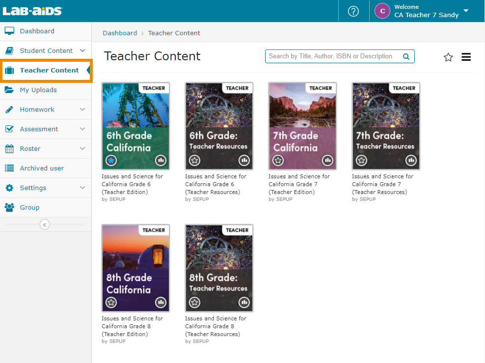 View teacher content by clicking on the Teacher Content menu.