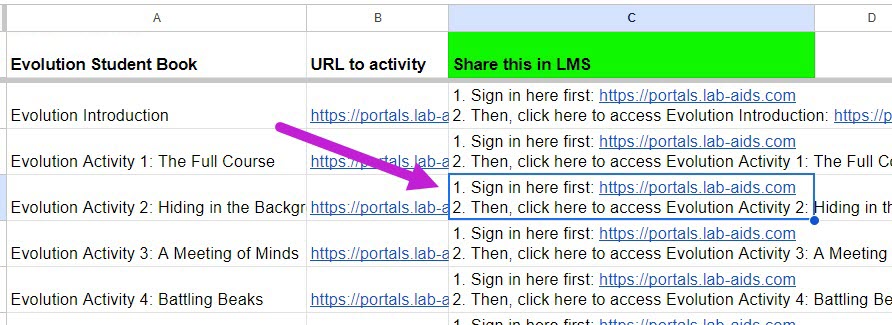 A large arrow points to the location of the cell to copy under "Share this in LMS"
