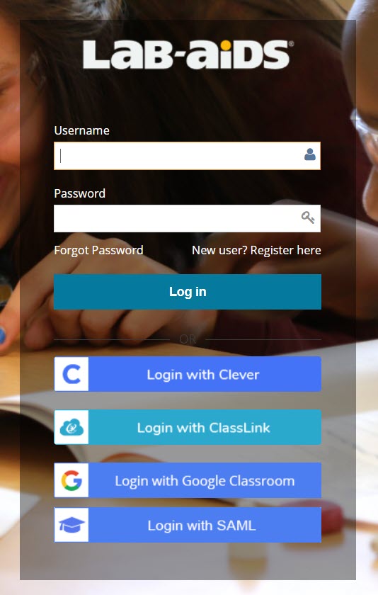 Lab-Aids Portal login screen displaying all the login options (Username/Password fields, "Log in with Clever" button, "Log in with Classlink" button, "Log in with Google Classroom" button, etc.)