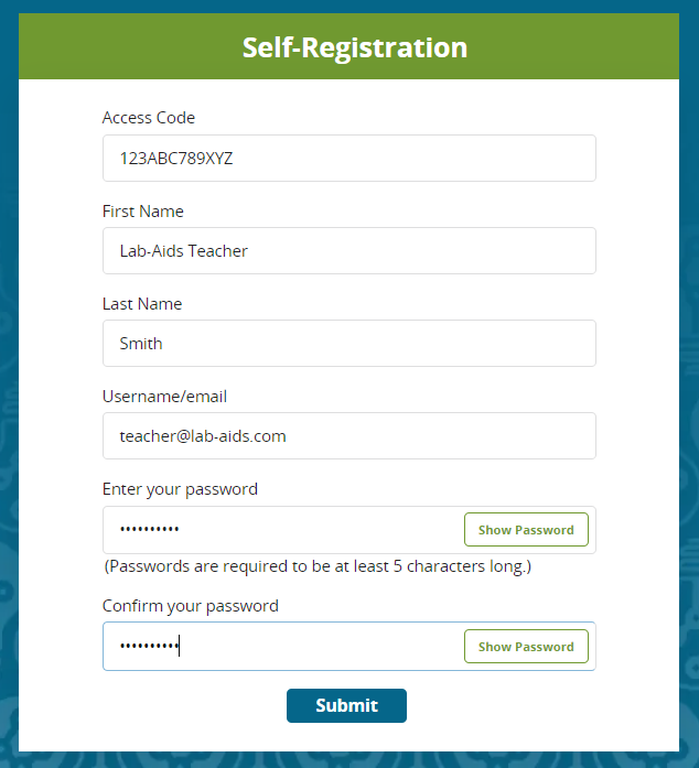 The registration page with fields for access code, first/last name, username/email, and password.