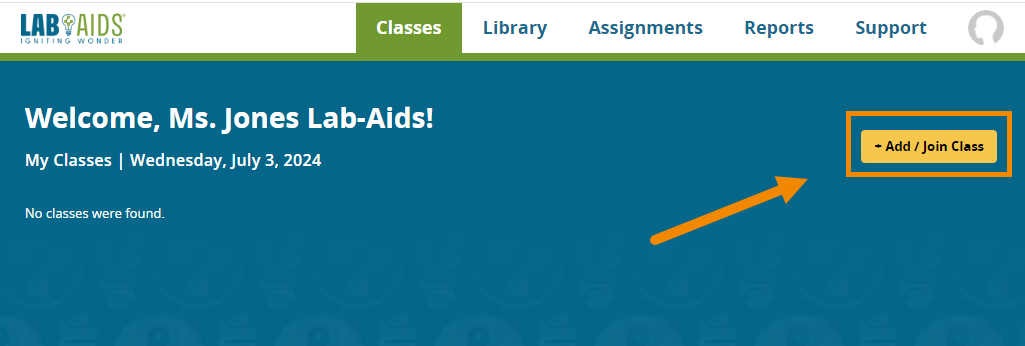 Teacher's "Classes" menu appears with the "+Add/Join Class" option outlined in orange.