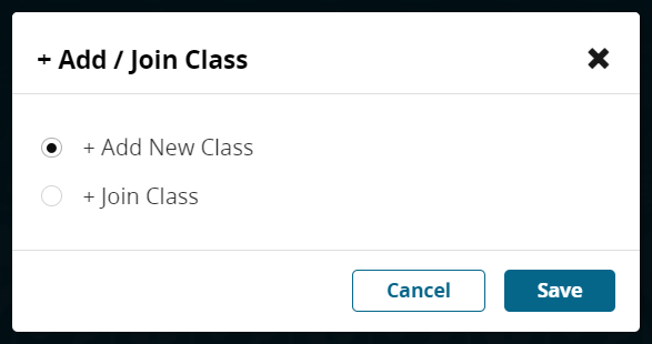 Radio buttons appear to Add New Class and Join Class. The radio button next to "Add New Class" is selected.