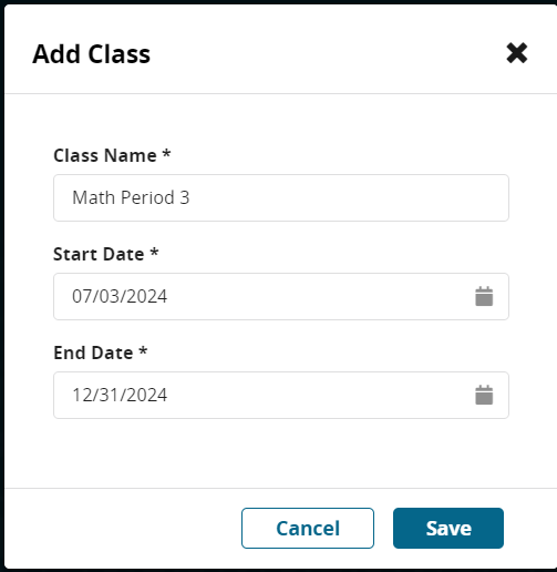 A screen appears with fields for Class Name, Start Date, and End Date for teacher to enter.