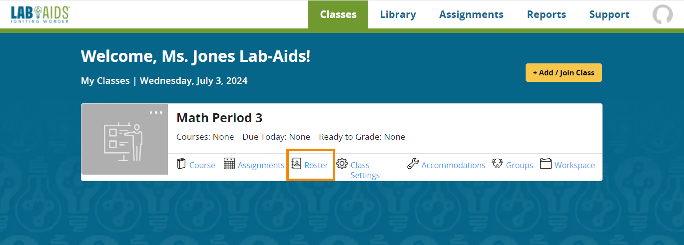 Teacher's "Classes" menu appears with the first class's "Roster" option outlined in orange.