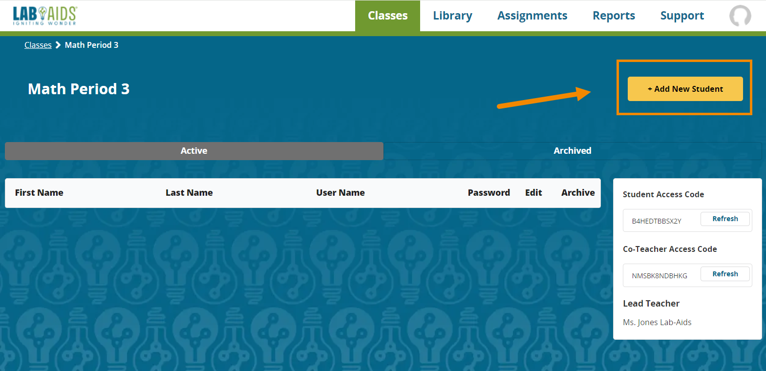 On the next screen that appears, the yellow button in the top right corner for "+Add New Student" is outlined in orange.