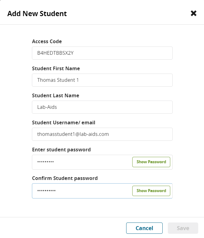 On the Add New Student screen, teacher has entered in First name, last nae, username, and password. Click "Save".