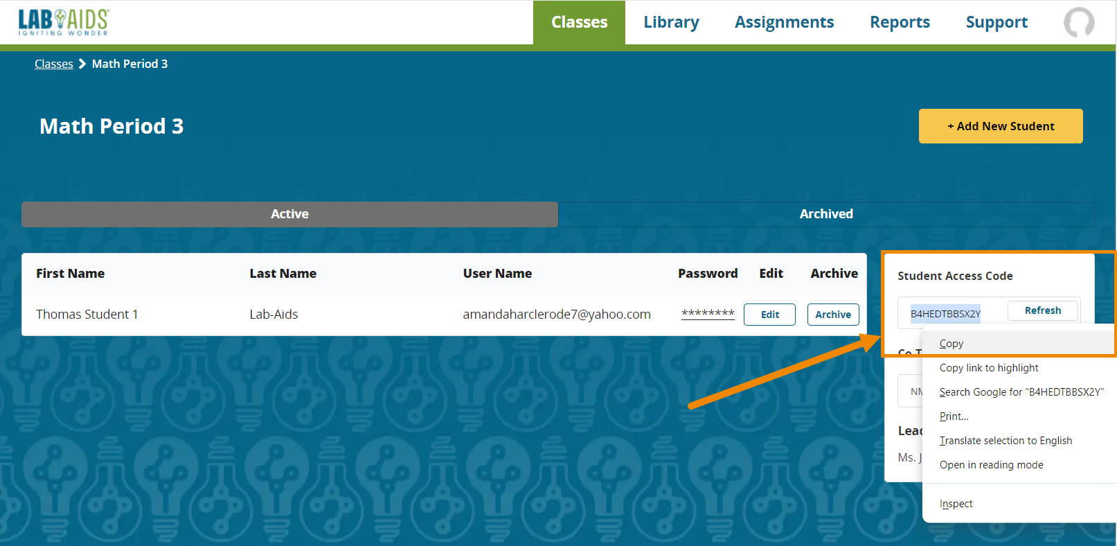 Teacher has highlighted and copied the "Student Access Code" on the right-hand side.