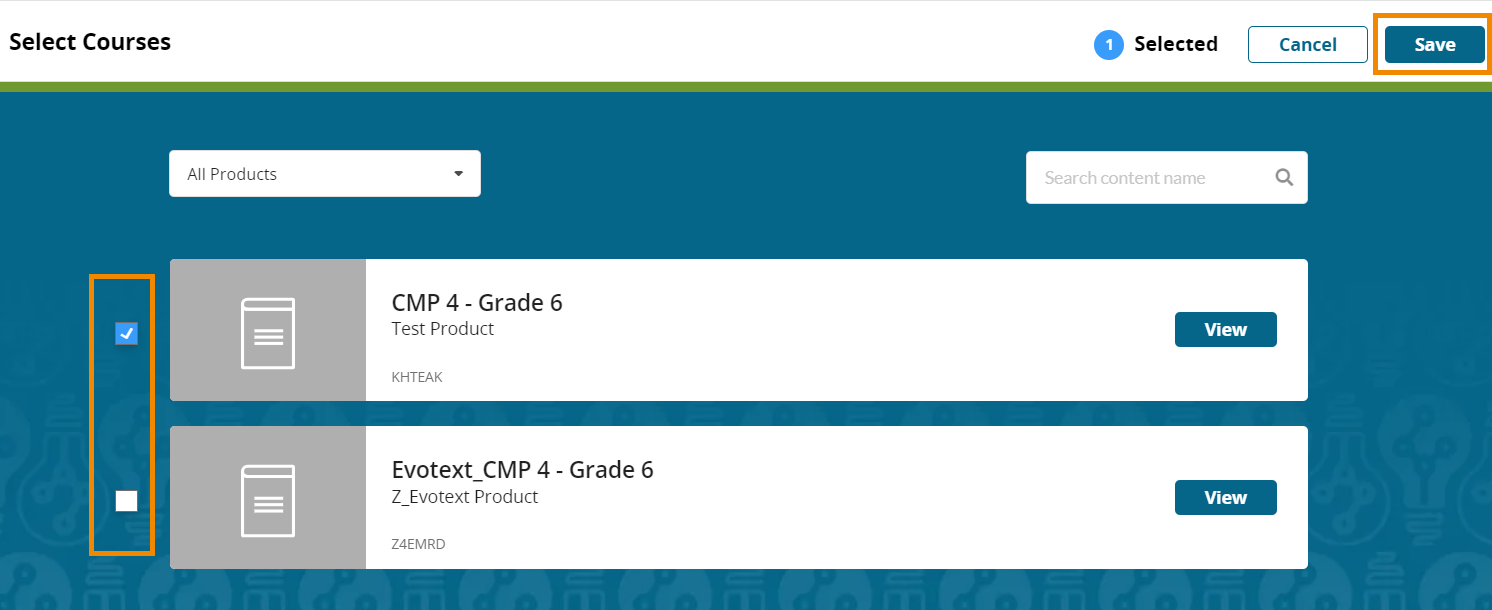 A list of products appears with the checkboxes next to each outlined in orange, and the teal "Save" button in the top right corner is outlined in orange.