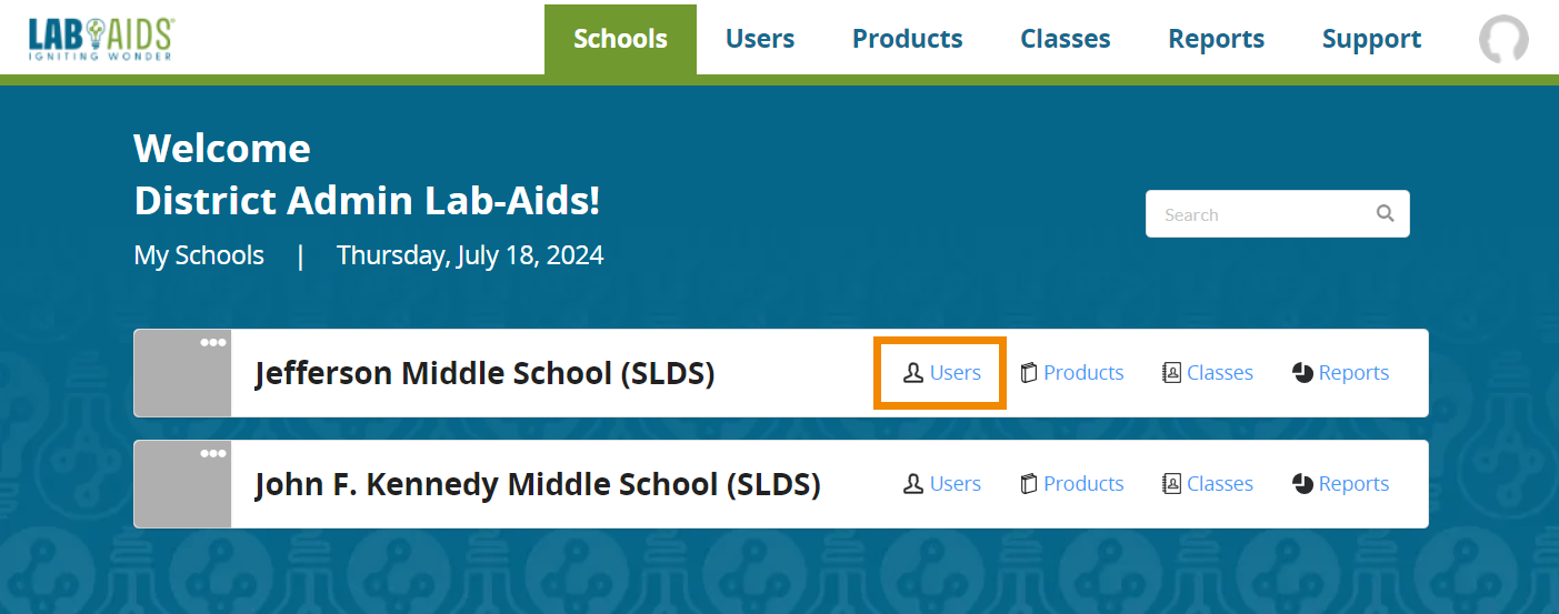 The main "schools" menu appears with the first school's "Users" option outlined in orange.