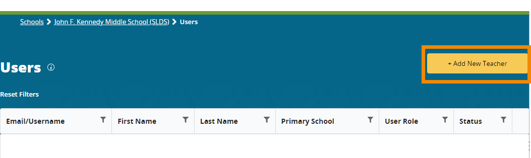 The next screen appears with the "+Add New Teacher" button outlined in orange in the top right corner. 