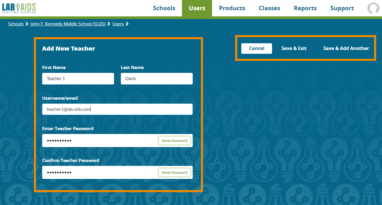 The "Add New Teacher" page displays with fields for First Name, Last Name, Username/email, and Password. Cancel, Save & Exit, or Save & Add Another buttons are in the top right corner.