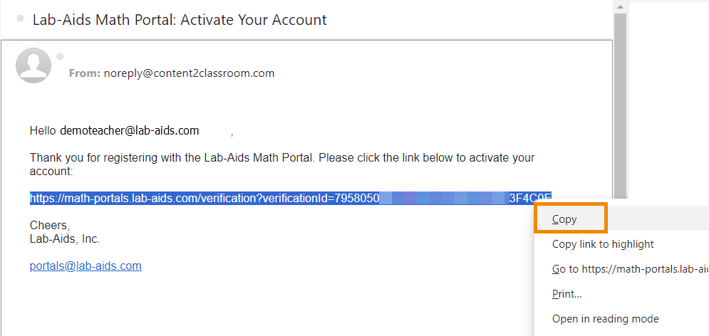 A screenshot of the email from noreply@content2classroom.com. In the body of the email, a user has manually selected the URL and "Copy" is outlined in orange.