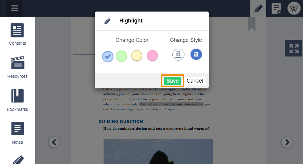 Click the "highlight" icon, choose your color, and click "save". 