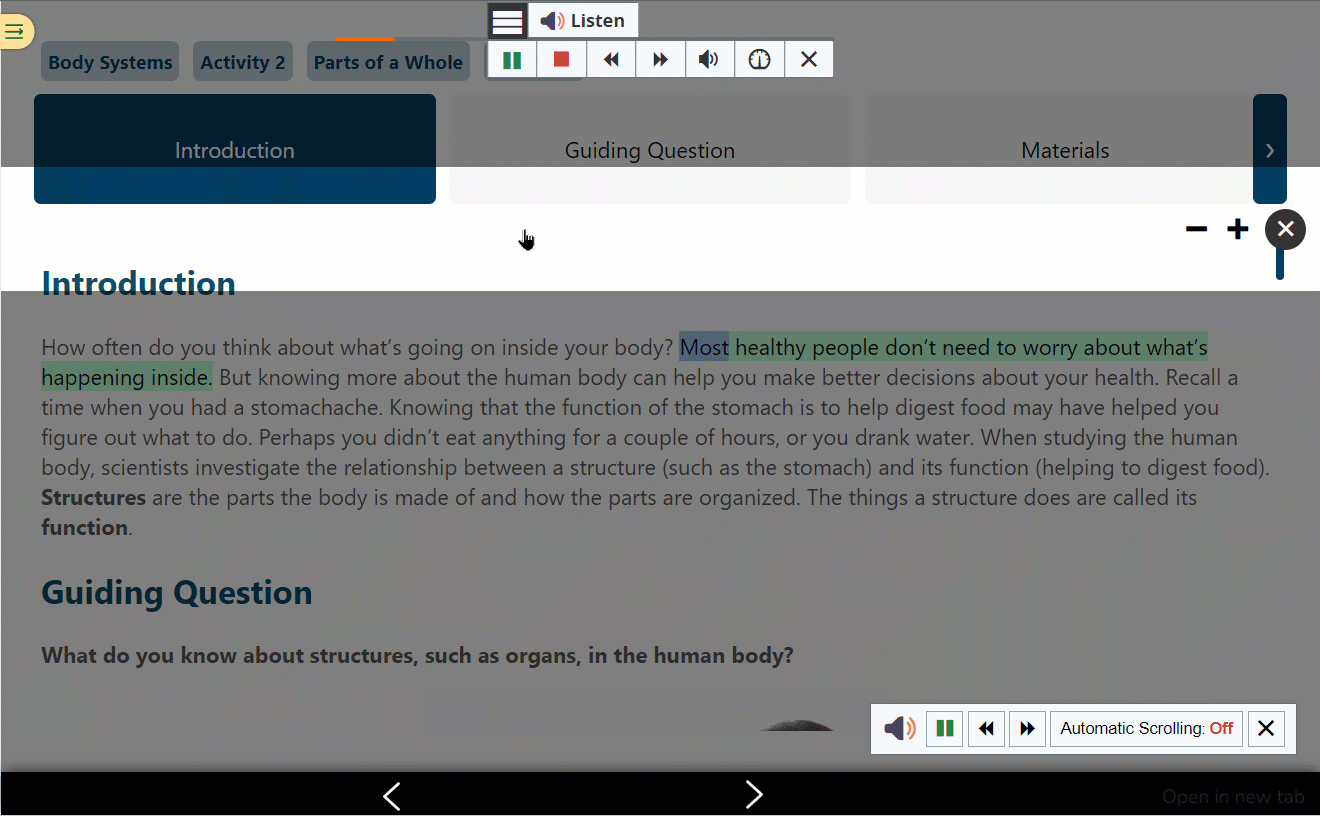 The screen is dimmed except for the brighter horizontal Page Mask bar slowly being moved downward to bring out specific lines of text as it is being read aloud
