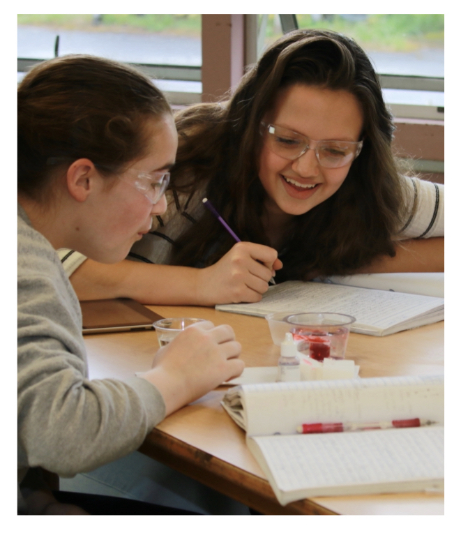 Two students marveling over science convection lab. 