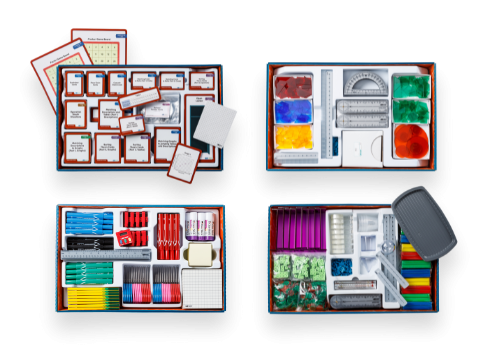 four boxes of highly organized materials to teach Connected Mathematics