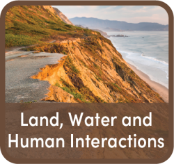 badly eroded hillside torn partially into a concrete road with the title, "Land, Water and Human Interactions" in front of it